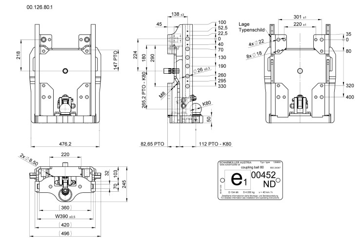 Korpus długi z kulą K80 Massey Ferguson, Valtra - 00.126.80.1-A11