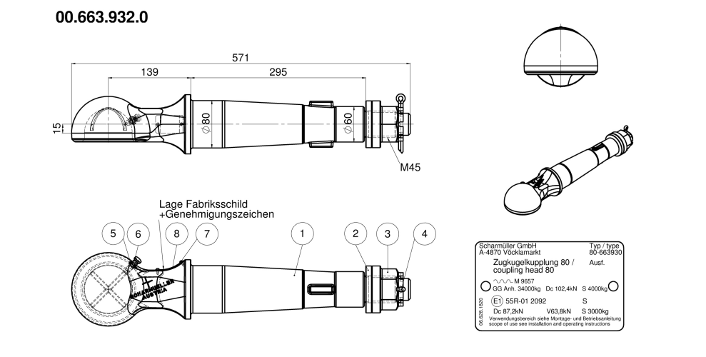 Zaczep kulowy K80 do wspawania bez konsoli - 00.663.932.0-A02
