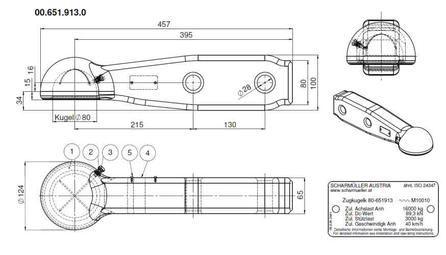 Zaczep kulowy K80 do wspawania lub przykręcenia - 00.651.913.0-A01