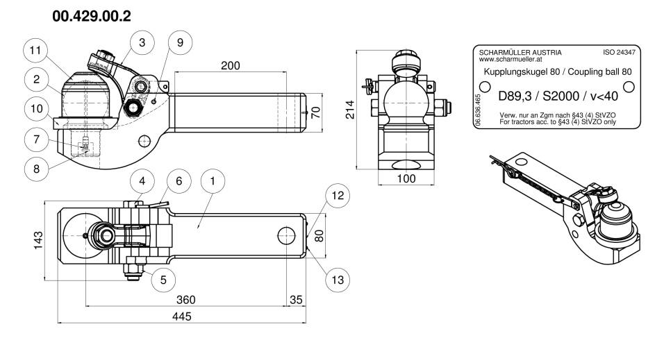 Wkład kulowy K80 do Pick Up Hitcha PUH Massey Fegruson, Claas, Fendt, John Deere, Valtra - 00.429.00.2-A20
