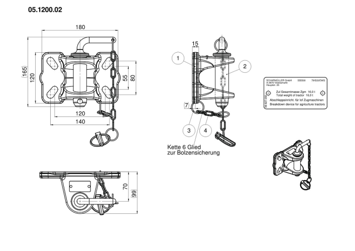 Zaczep manualny holowniczy sztywny 120x55/140x80 Scharmueller 05.1200.02-A01