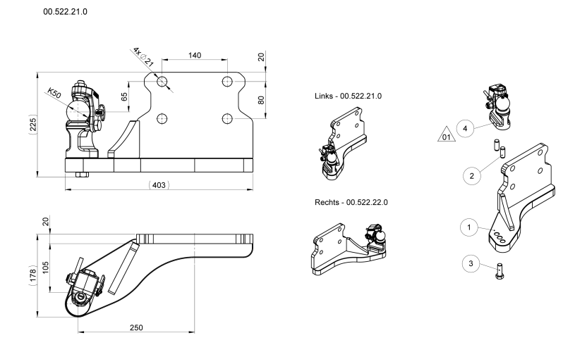 System skrętu osi K50 lewostronny do wkładów kulowych skręcanych - 00.522.21.0-A02