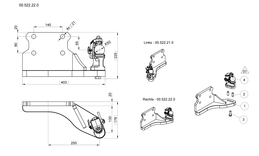 System skrętu osi K50 prawostronny do wkładów kulowych skręcanych - 00.522.22.0-A02